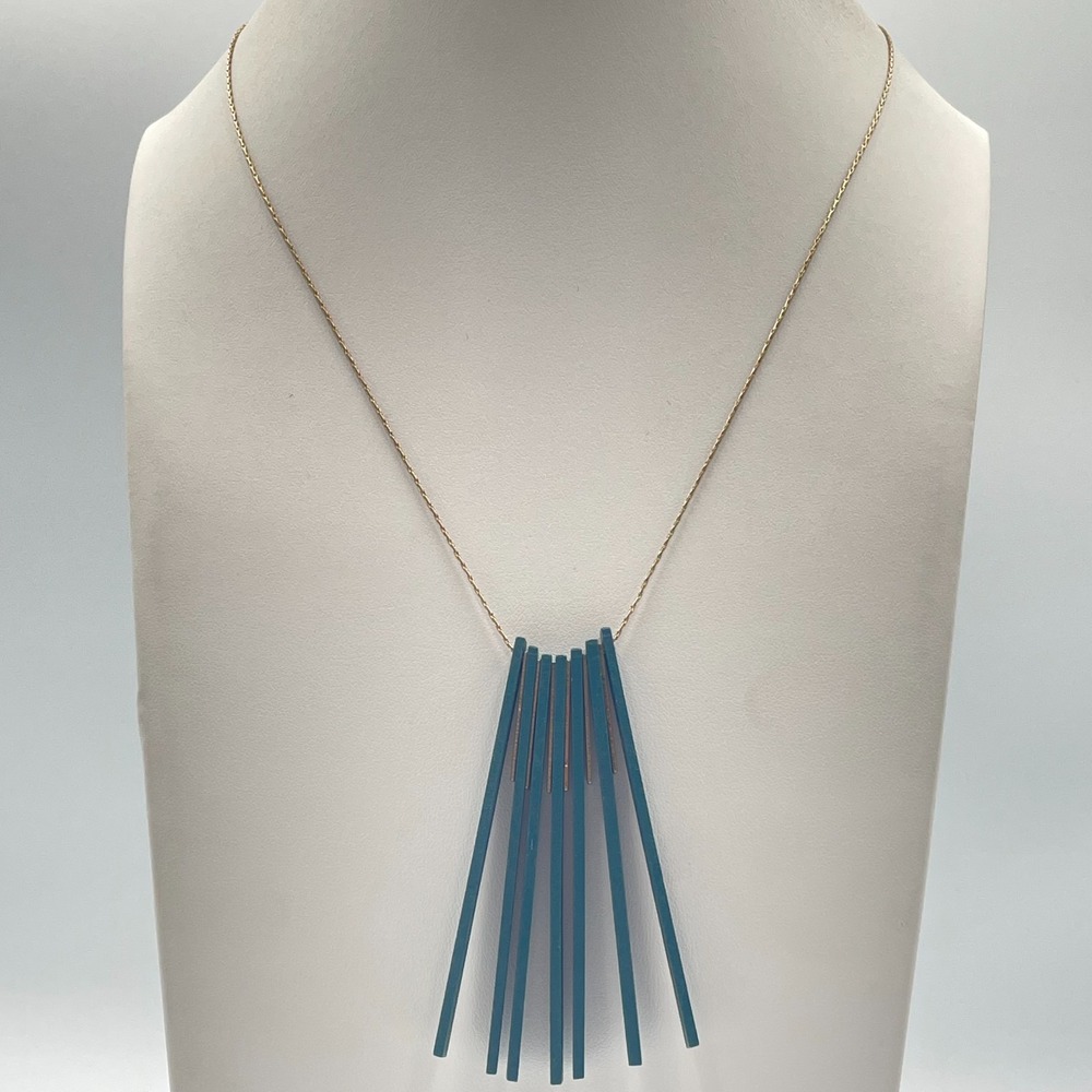 Vintage Plunder Retro Teal Blue Bar Fringe Pendant Gold Tone Statement Necklace